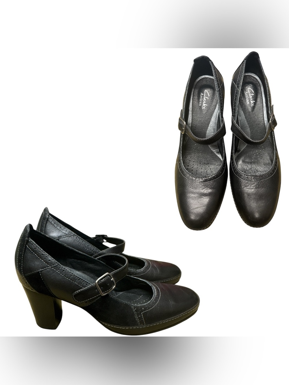 Clarks Artisan Black Leather Mary Jane Block Heels S8.5